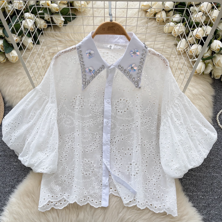 Courtly Hollowed Crochet Sequined Shirt
