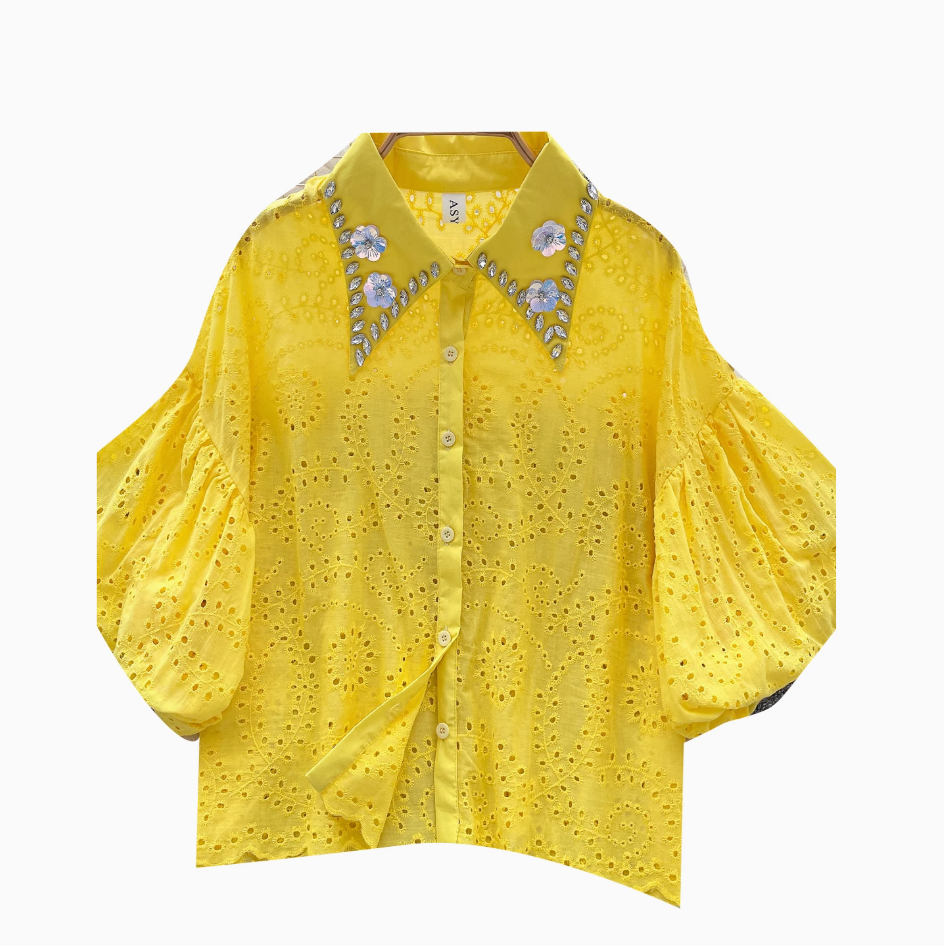 Courtly Hollowed Crochet Sequined Shirt