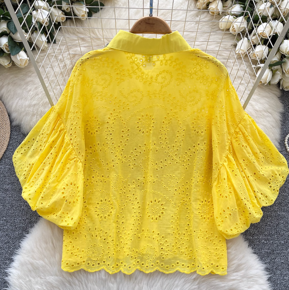Courtly Hollowed Crochet Sequined Shirt