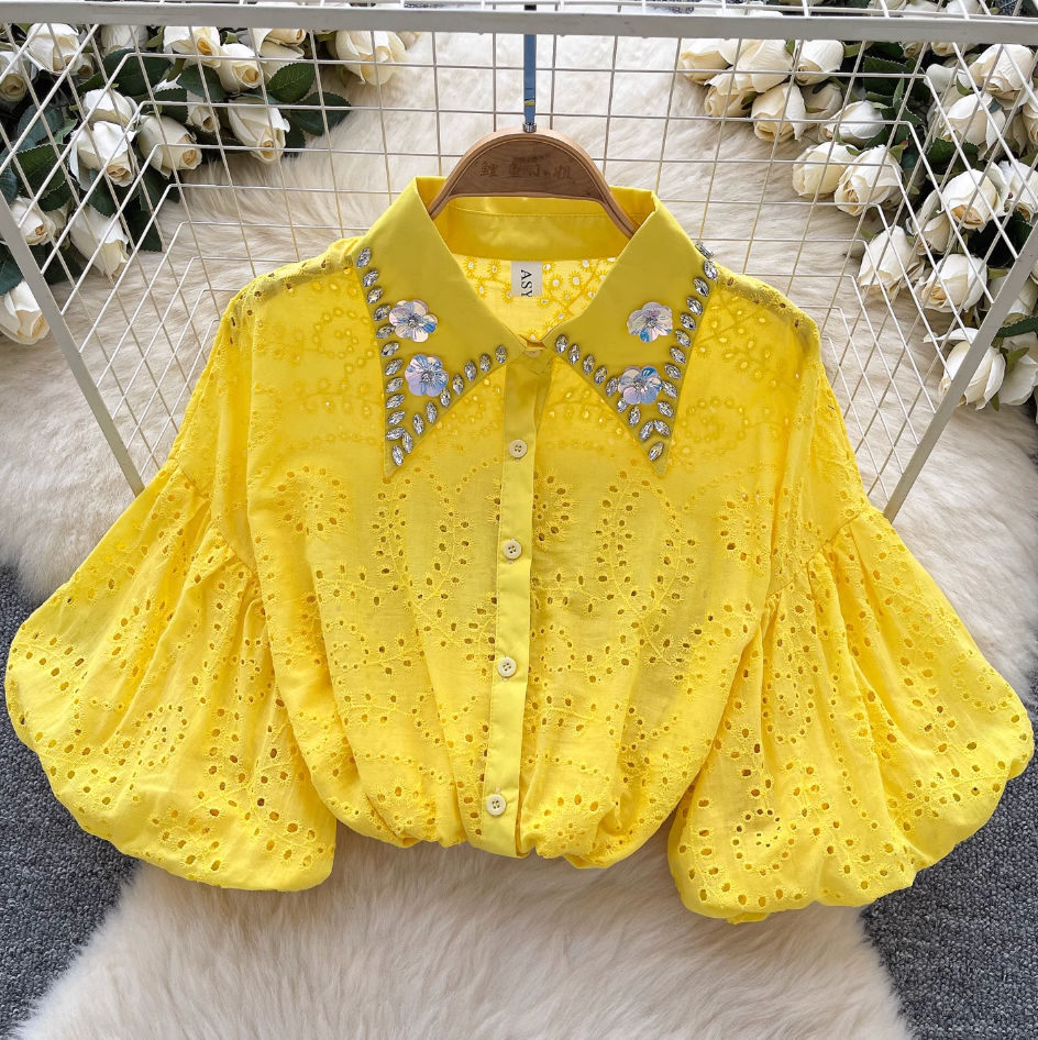 Courtly Hollowed Crochet Sequined Shirt