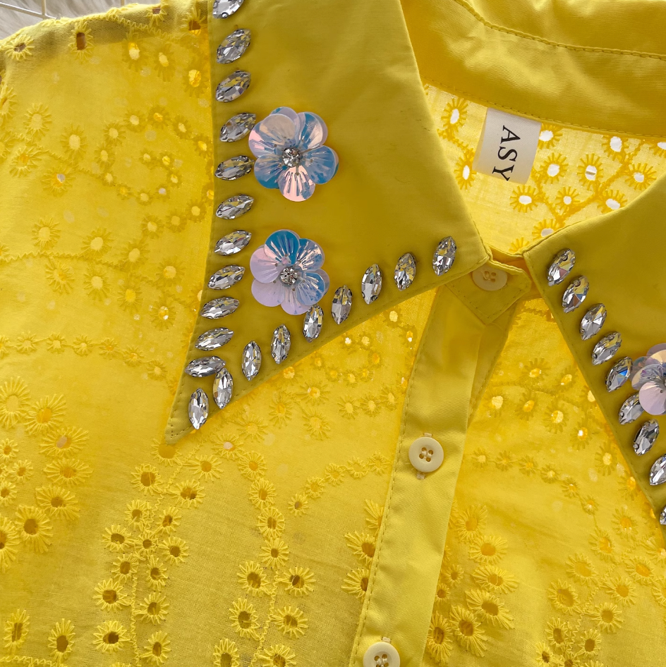 Courtly Hollowed Crochet Sequined Shirt
