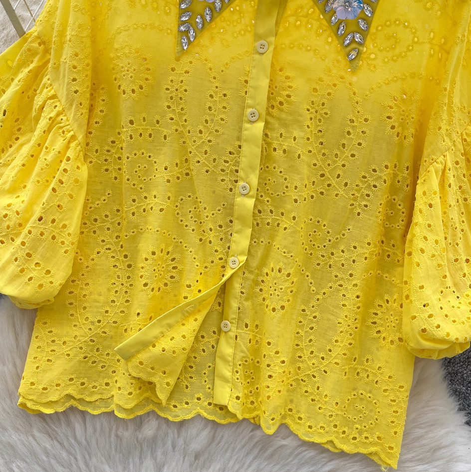 Courtly Hollowed Crochet Sequined Shirt