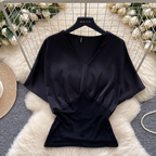 Elegant V-neck Patchwork Satin Shirt