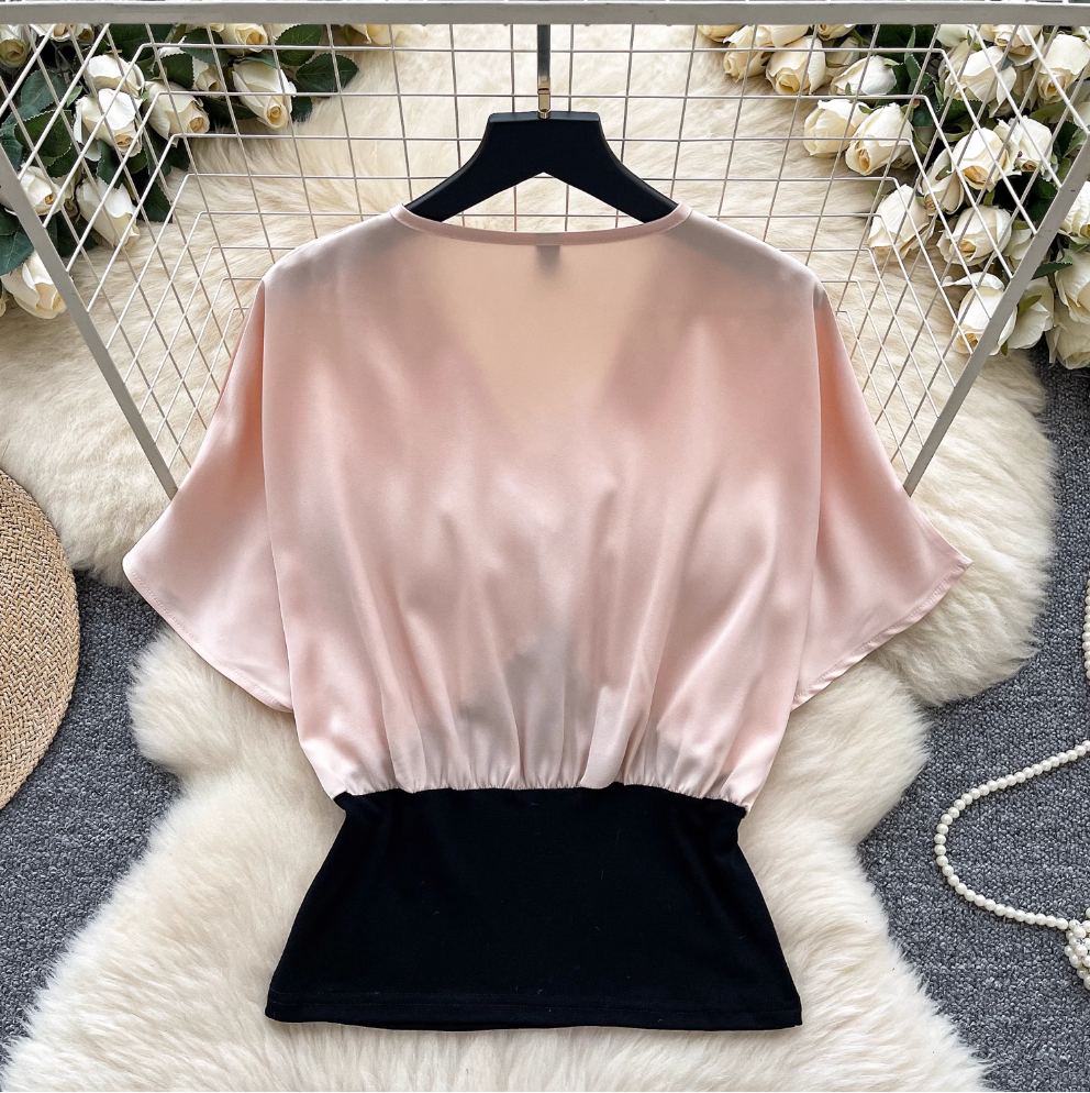 Elegant V-neck Patchwork Satin Shirt