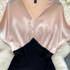 Elegant V-neck Patchwork Satin Shirt