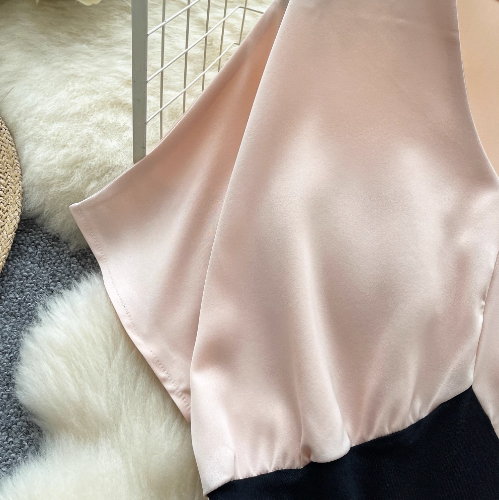 Elegant V-neck Patchwork Satin Shirt