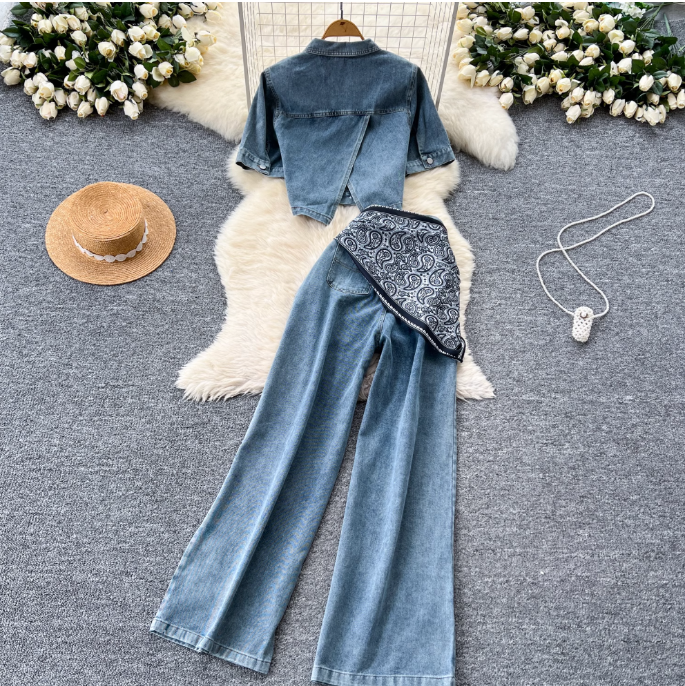 Chic Short Jacket & Jeans Denim 2Pcs