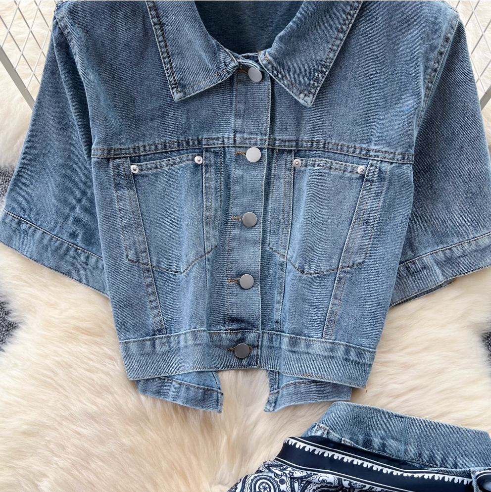 Chic Short Jacket & Jeans Denim 2Pcs