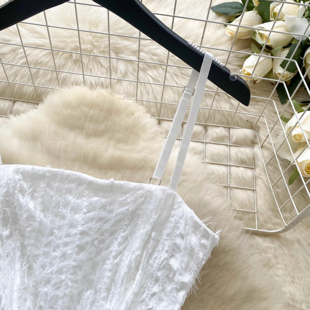 Furry Patchwork Puffy Mesh Slip Dress
