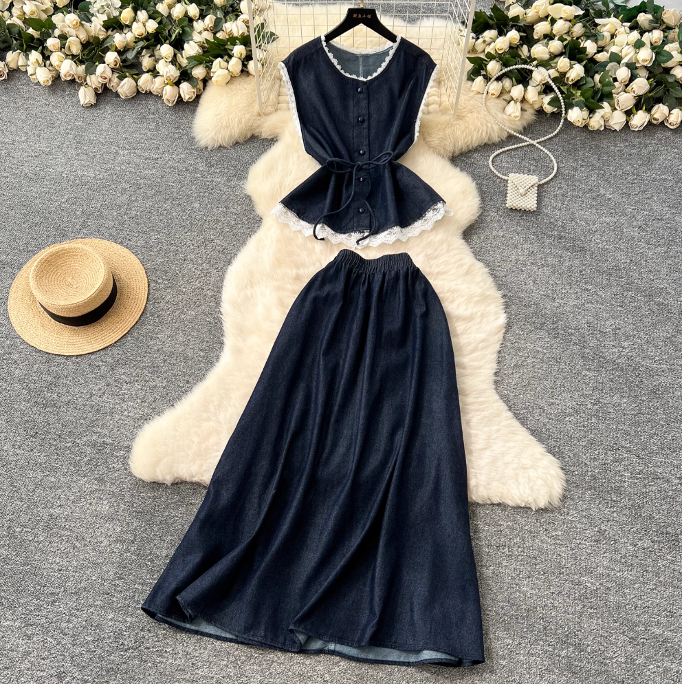 Lace Patchwork Denim Vest & Skirt 2Pcs