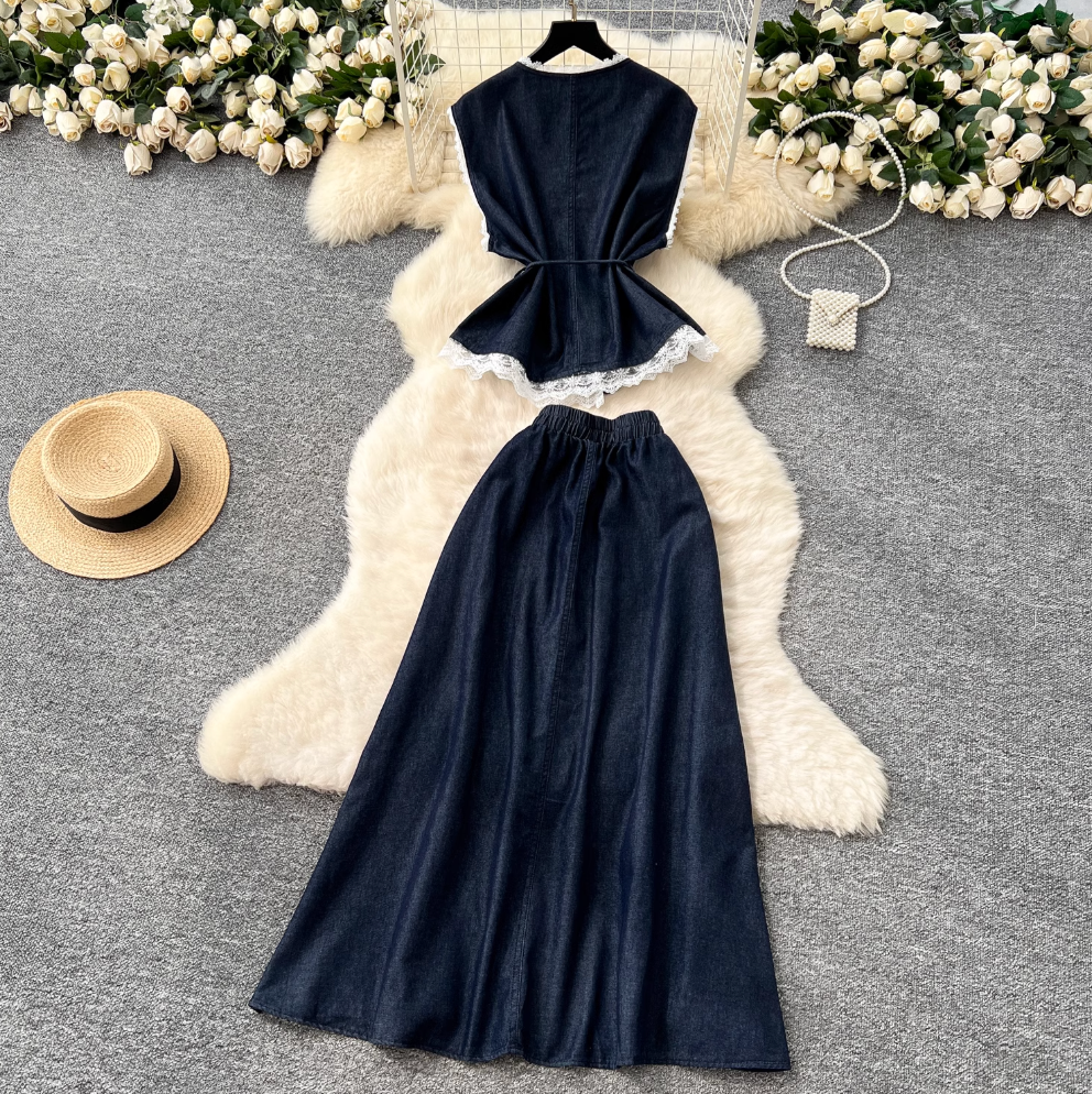 Lace Patchwork Denim Vest & Skirt 2Pcs