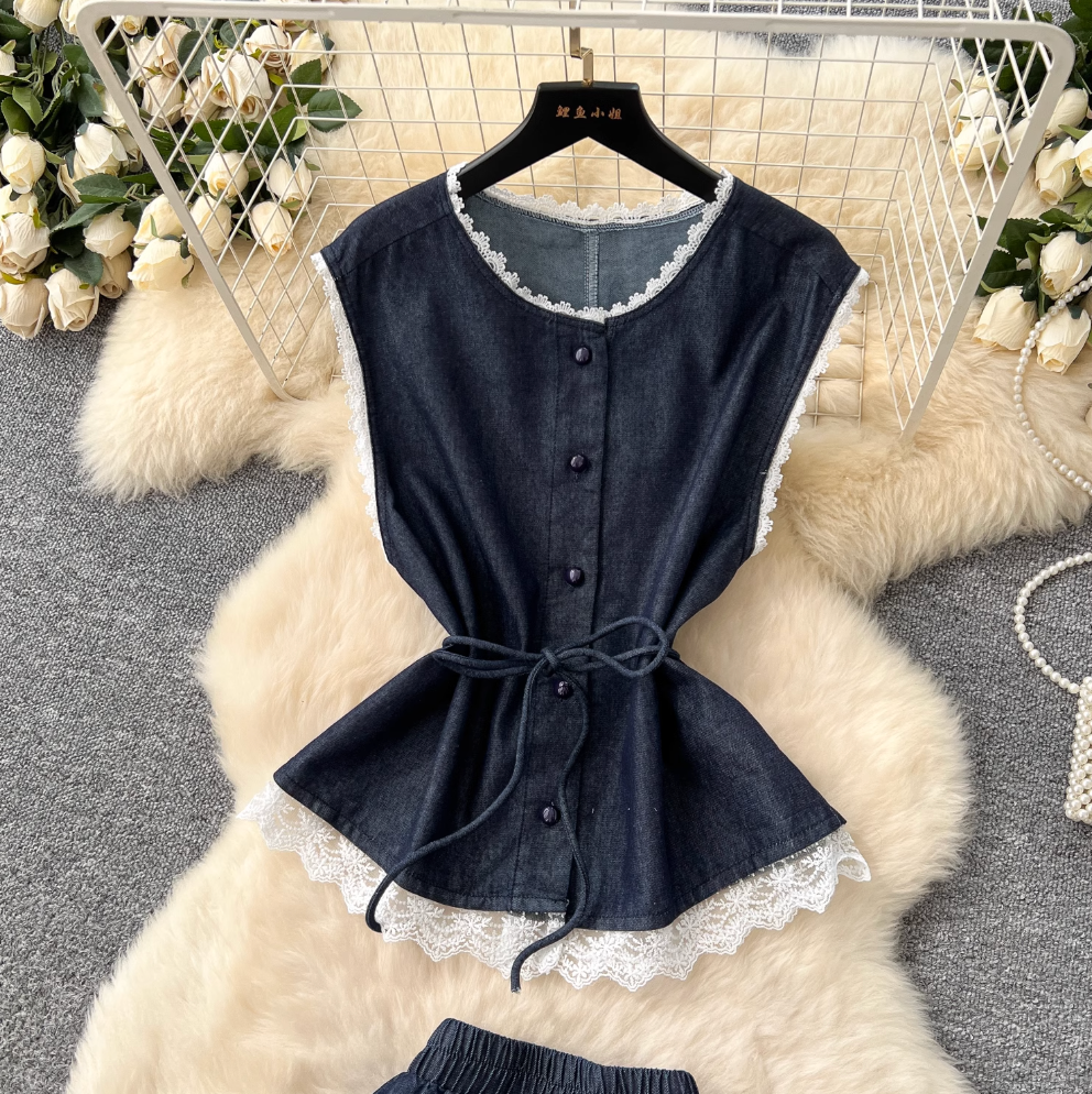 Lace Patchwork Denim Vest & Skirt 2Pcs