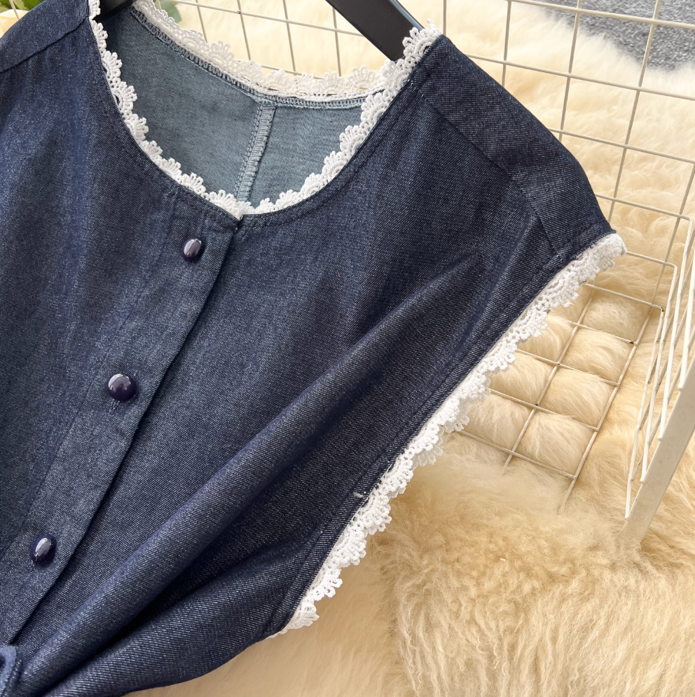 Lace Patchwork Denim Vest & Skirt 2Pcs