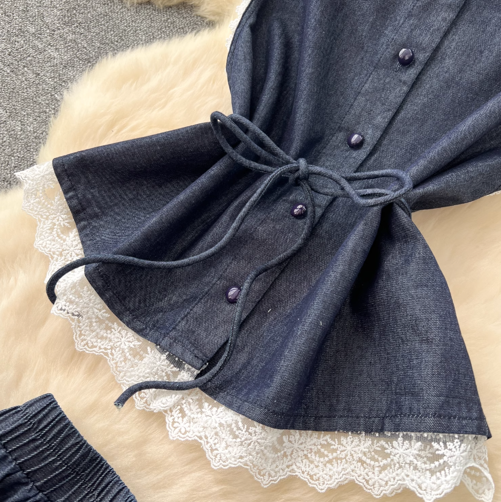 Lace Patchwork Denim Vest & Skirt 2Pcs
