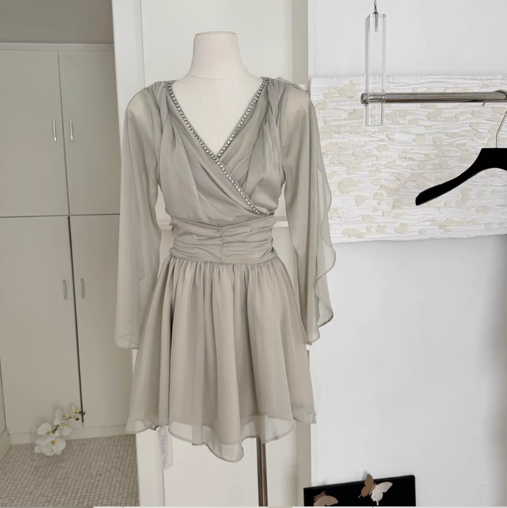 Beaded V-neck Fairy Chiffon Dress