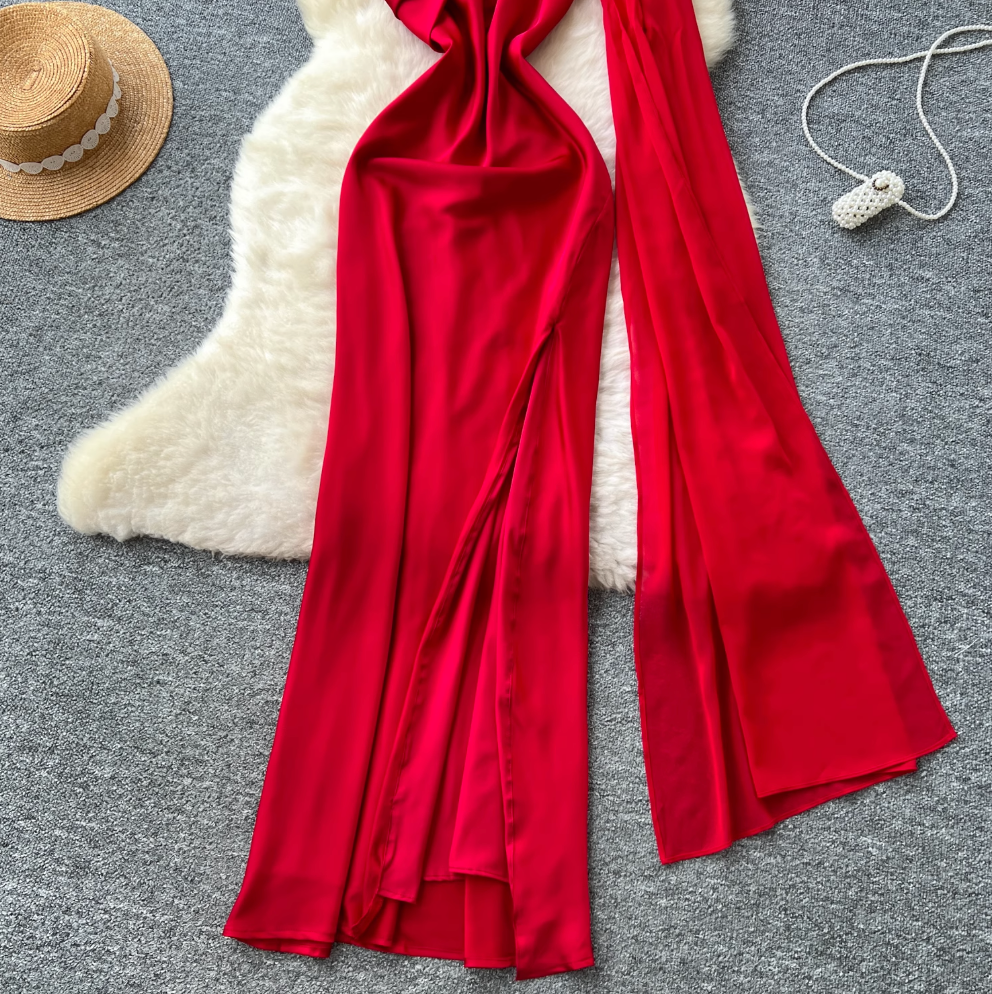 Red Split Party Dress with Ribbon