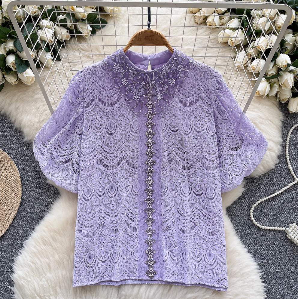 Courtly Puffy Sleeve Crochet Shirt