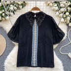 Courtly Puffy Sleeve Crochet Shirt