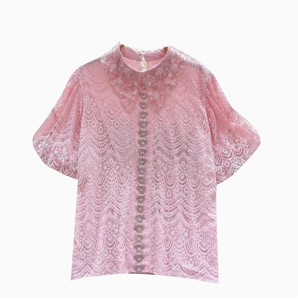 Courtly Puffy Sleeve Crochet Shirt