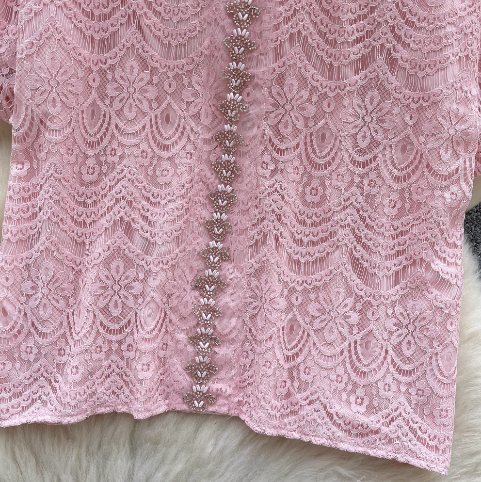 Courtly Puffy Sleeve Crochet Shirt