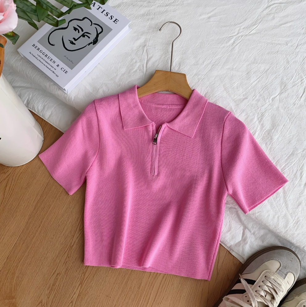 Vintage Lapeled Zipped Short Knitwear