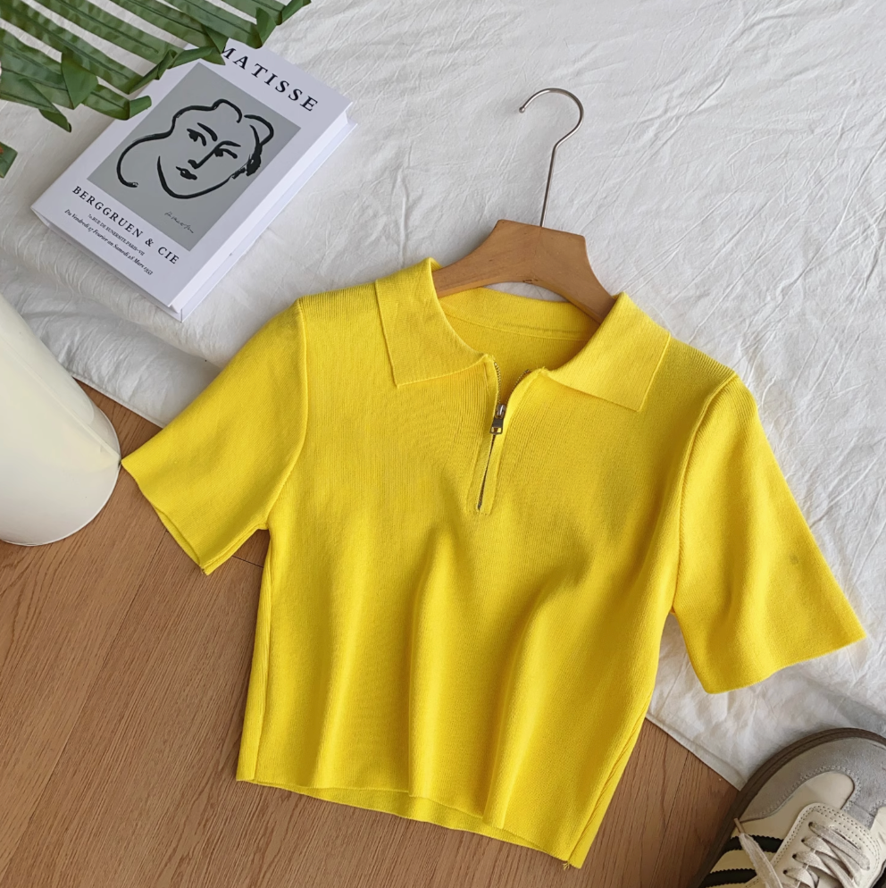Vintage Lapeled Zipped Short Knitwear