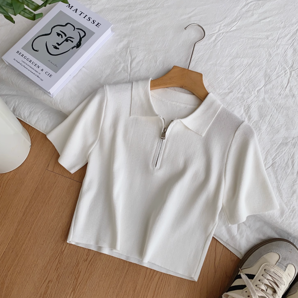 Vintage Lapeled Zipped Short Knitwear