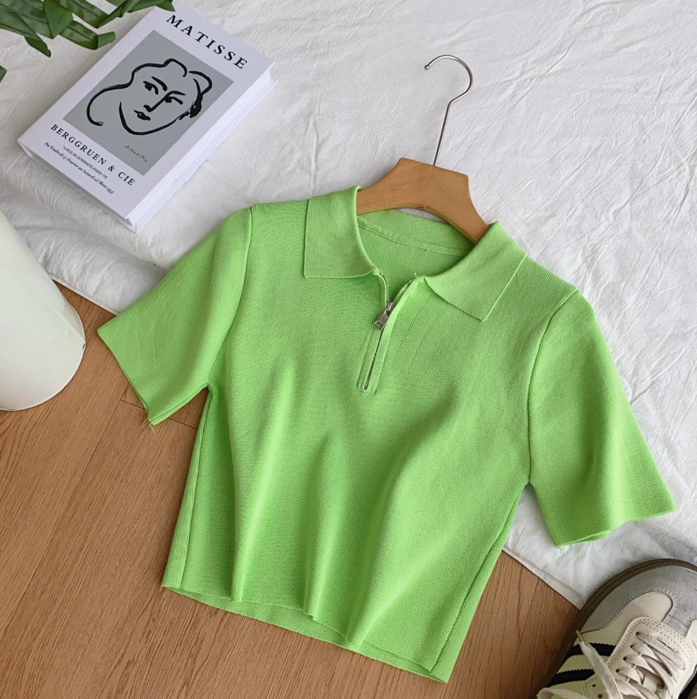 Vintage Lapeled Zipped Short Knitwear