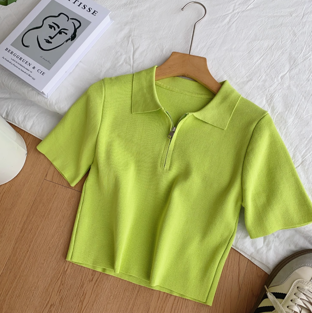 Vintage Lapeled Zipped Short Knitwear