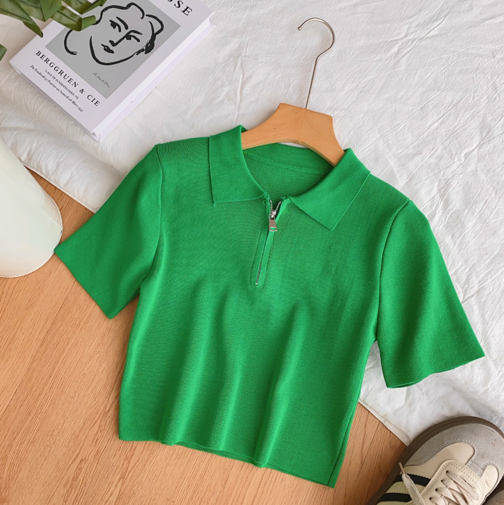 Vintage Lapeled Zipped Short Knitwear