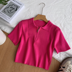 Vintage Lapeled Zipped Short Knitwear