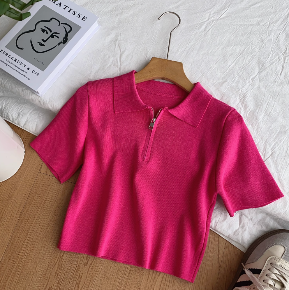 Vintage Lapeled Zipped Short Knitwear