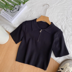 Vintage Lapeled Zipped Short Knitwear