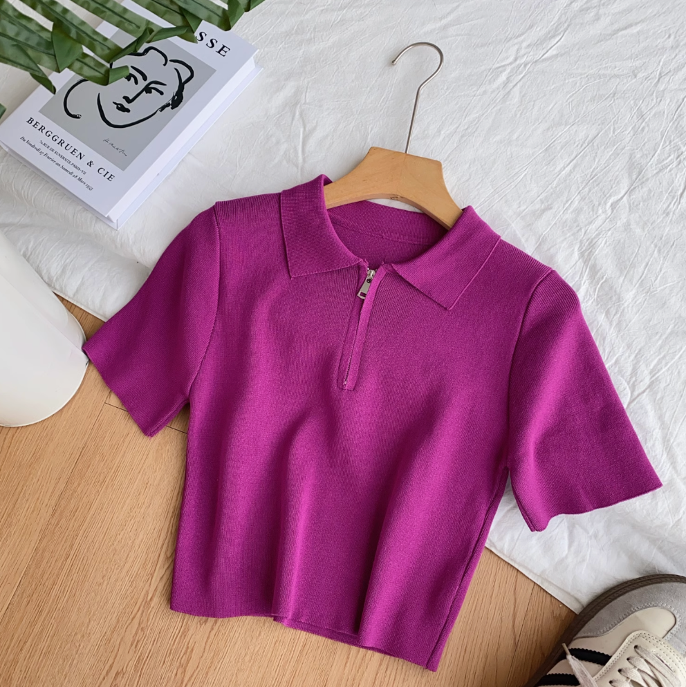 Vintage Lapeled Zipped Short Knitwear