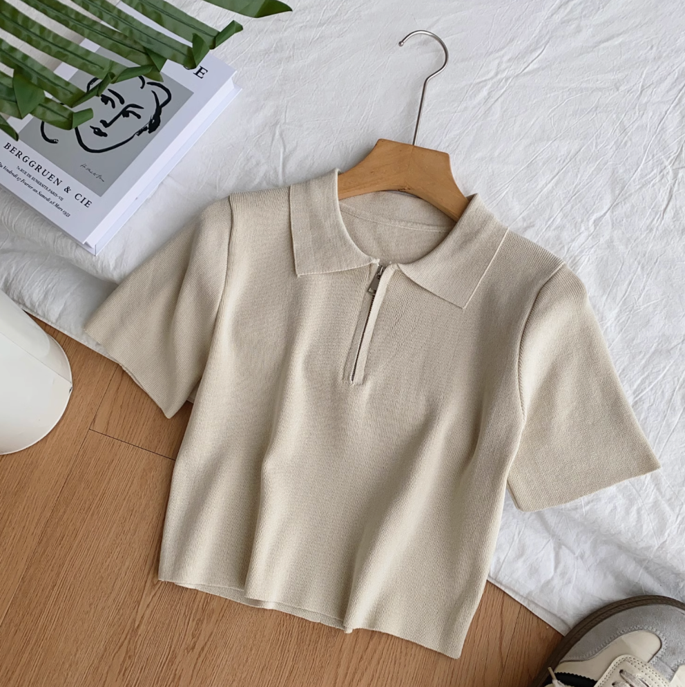 Vintage Lapeled Zipped Short Knitwear