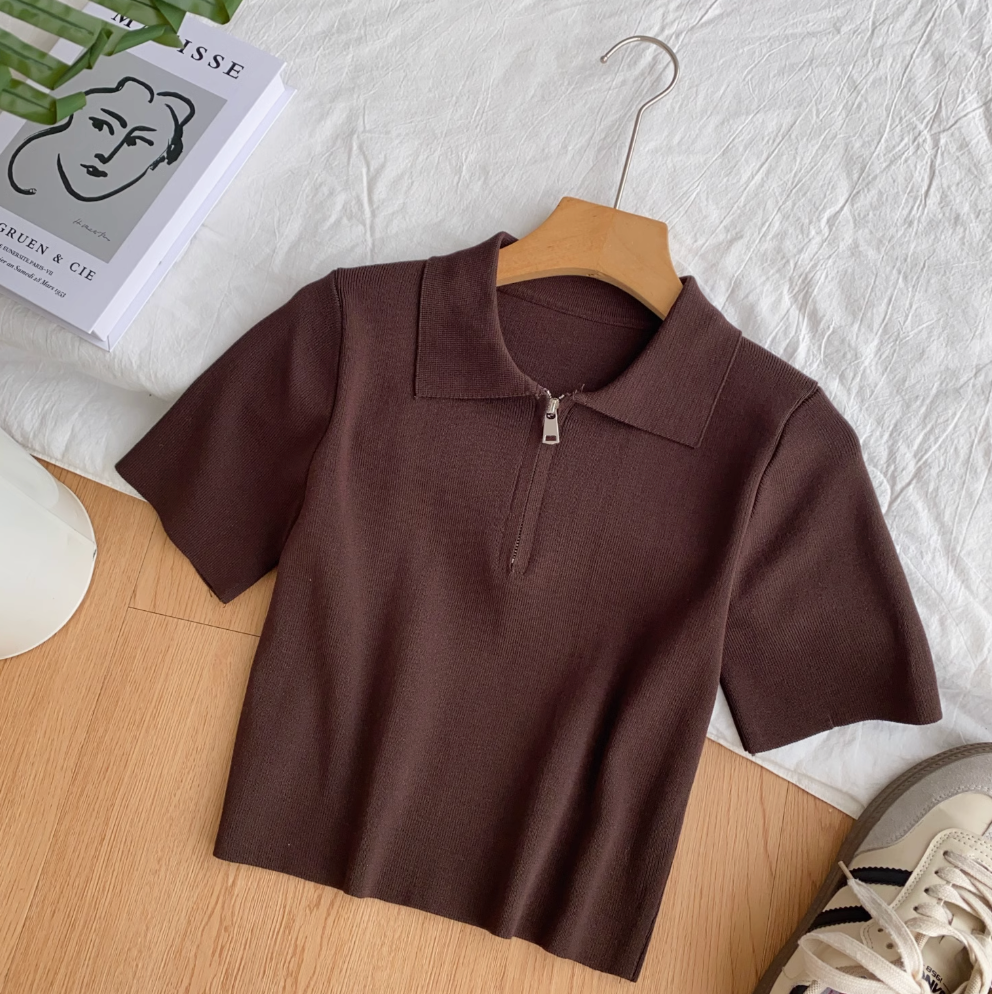 Vintage Lapeled Zipped Short Knitwear