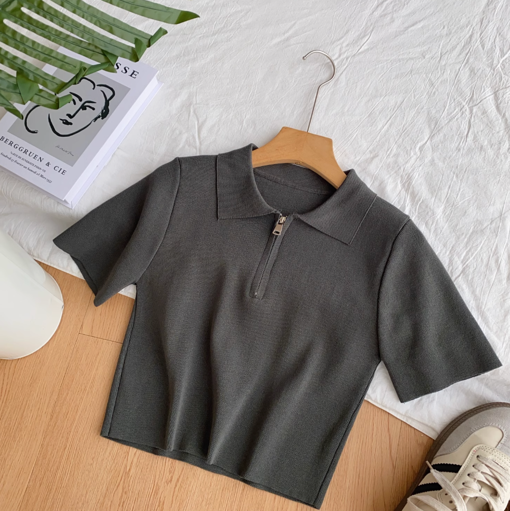 Vintage Lapeled Zipped Short Knitwear
