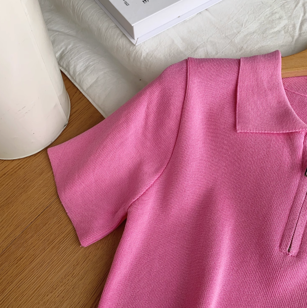 Vintage Lapeled Zipped Short Knitwear
