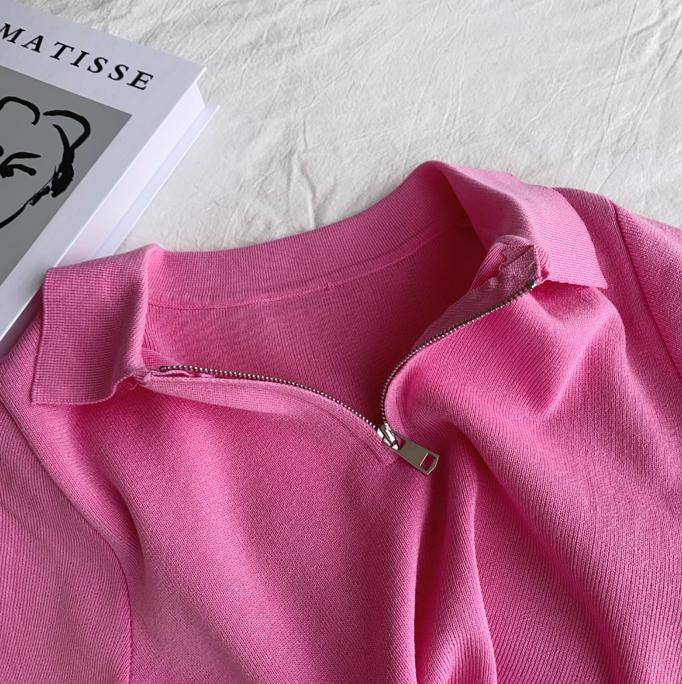 Vintage Lapeled Zipped Short Knitwear