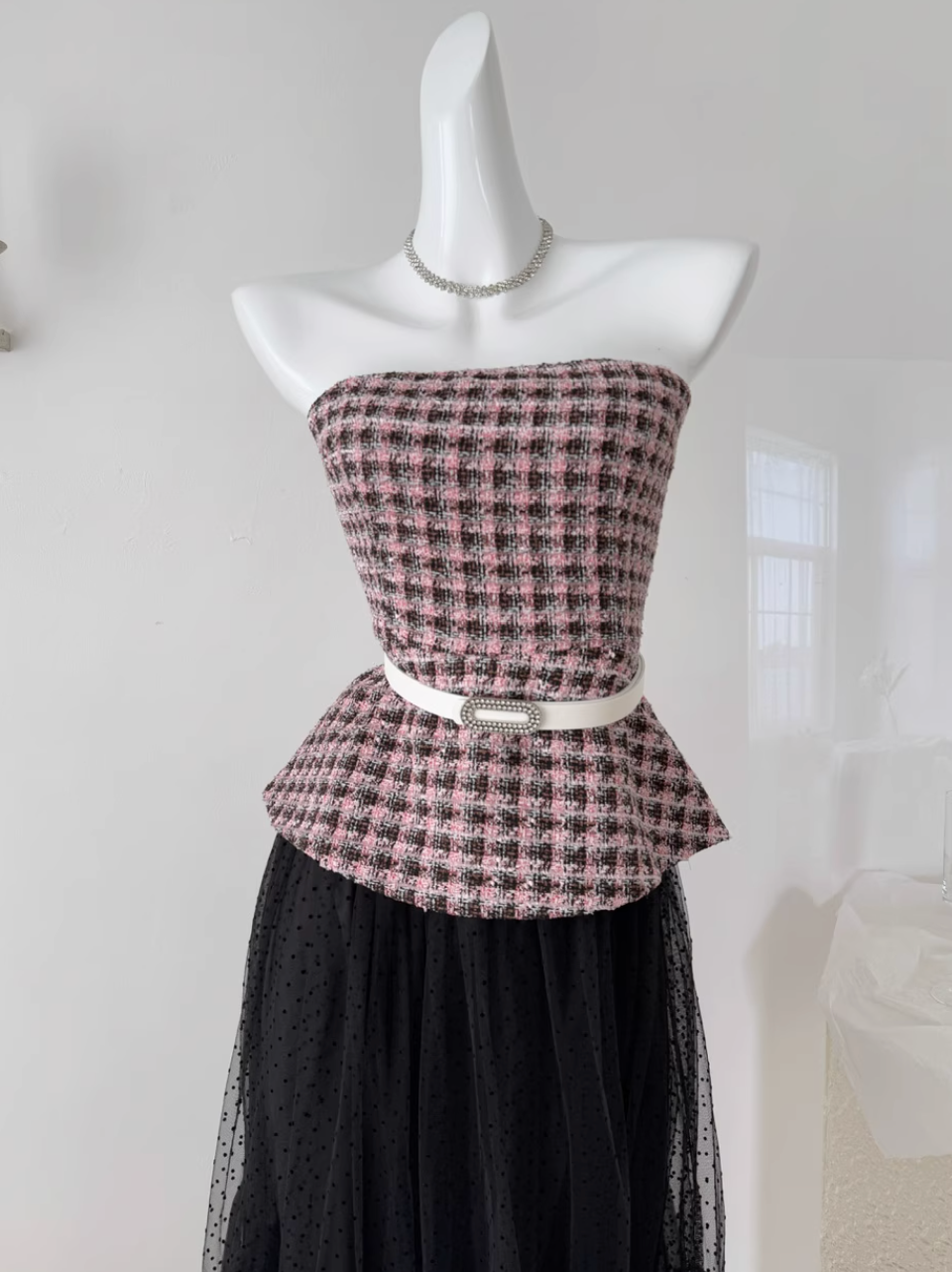 Plaid Tweed Top & Black Mesh Skirt