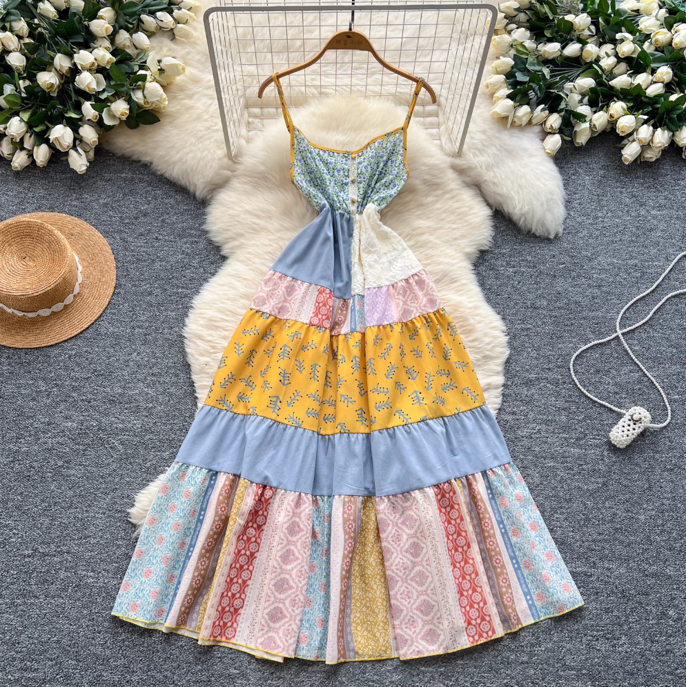 Vintage Colorful Square Patchwork Slip Dress