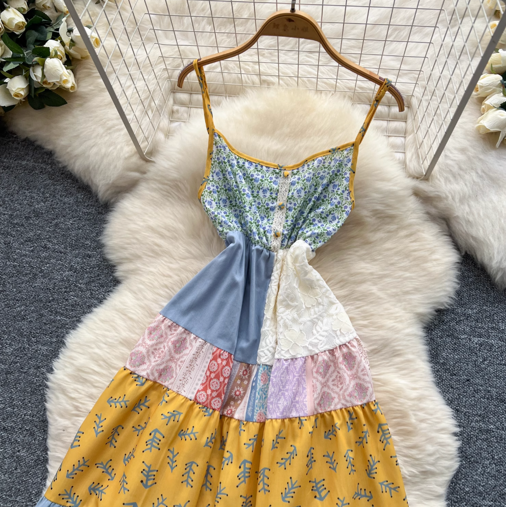 Vintage Colorful Square Patchwork Slip Dress