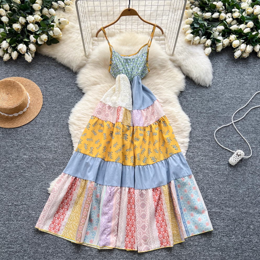 Vintage Colorful Square Patchwork Slip Dress