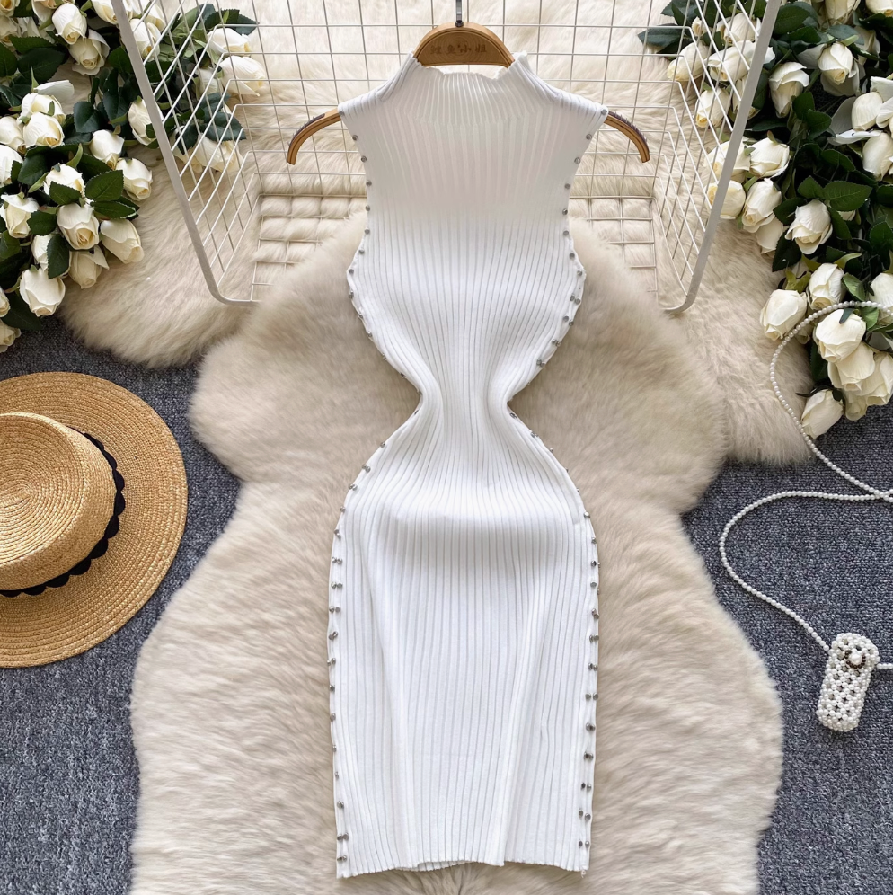 Turtleneck Slim-fit Beaded Knit Dress