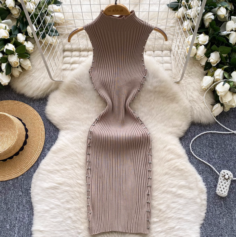 Turtleneck Slim-fit Beaded Knit Dress