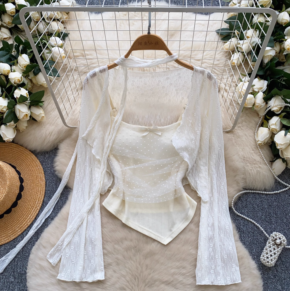 Lace Patchwork Camisole & Cardigan 2Pcs