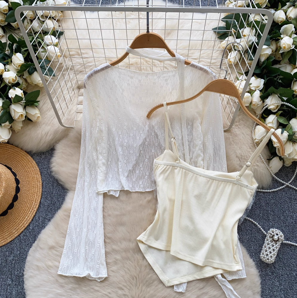 Lace Patchwork Camisole & Cardigan 2Pcs