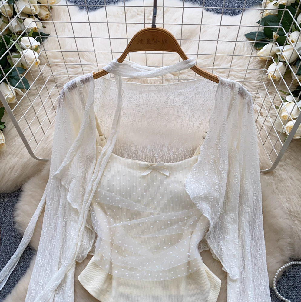 Lace Patchwork Camisole & Cardigan 2Pcs