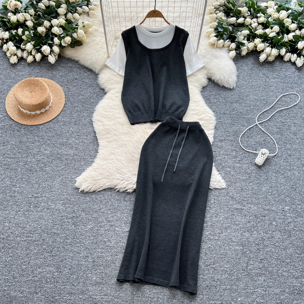Patchwork Knitwear & Drawstring Skirt 2Pcs