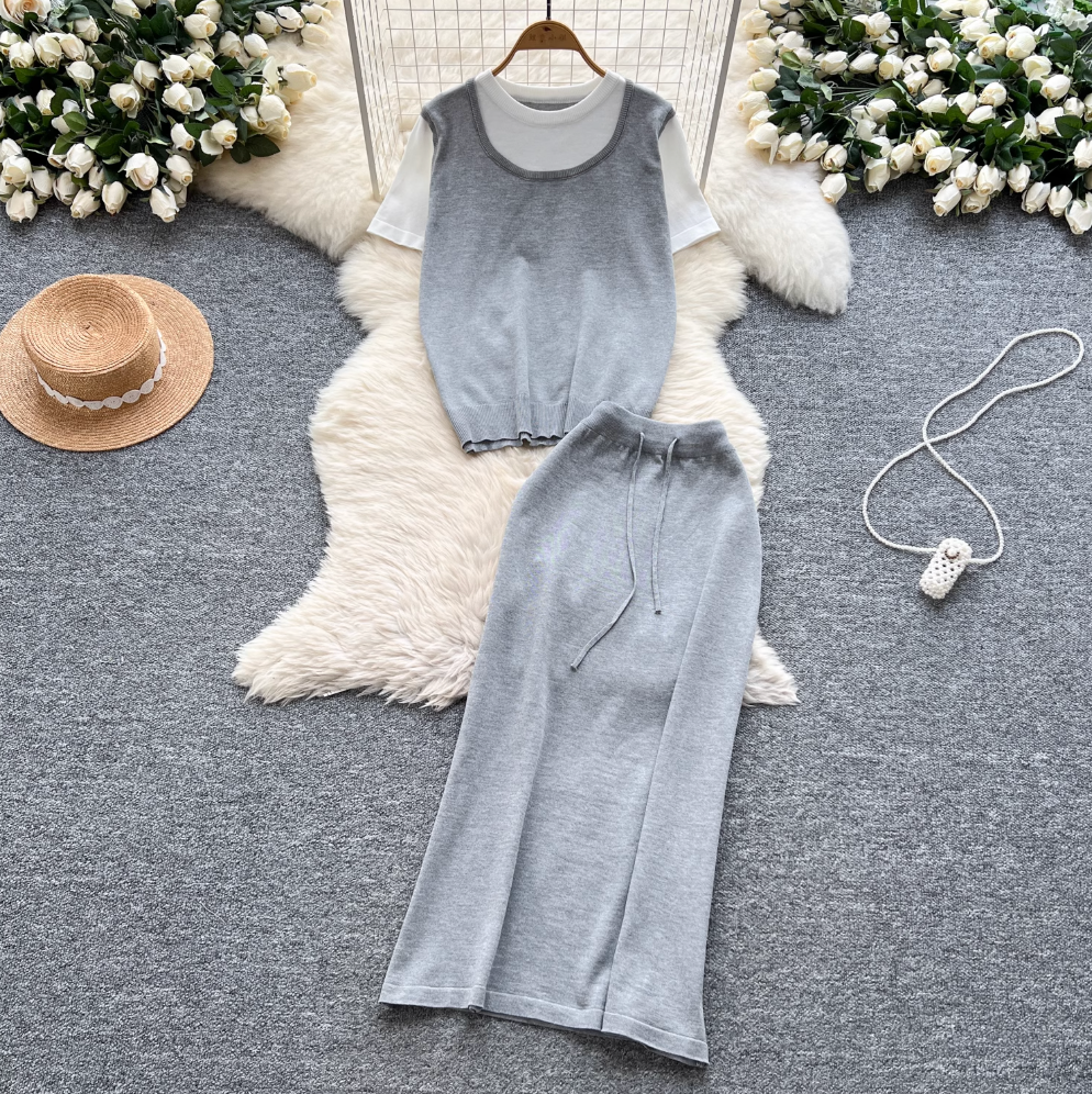 Patchwork Knitwear & Drawstring Skirt 2Pcs